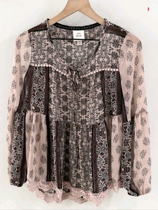 Knox Rose Tops - Knox Rose Boho Patchwork Blouse Purple Paisley Medium Semi Sheer